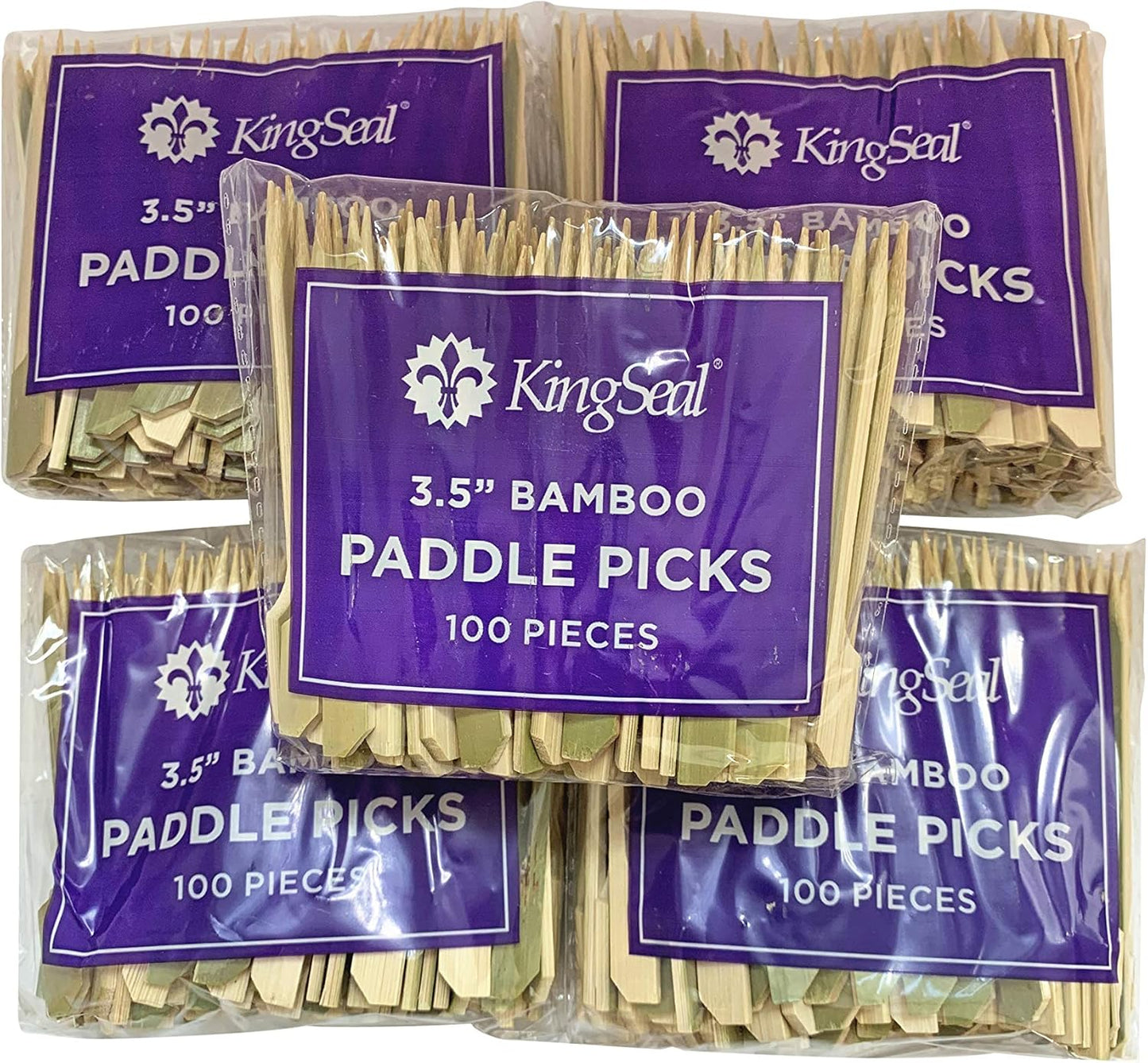 500 Count | KingSeal Natural Green Bamboo Wood Paddle Picks, Skewers for Appetizers and Cocktails, 3.5 Inches, Bulk Pack - 5 Packs of 100