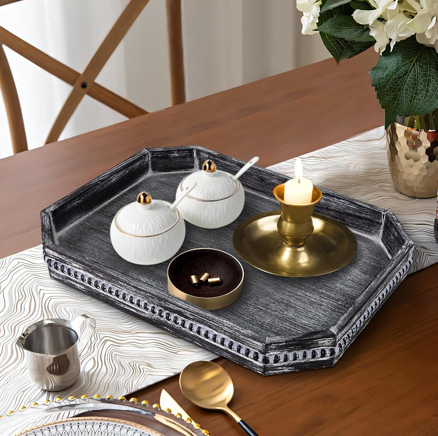 MAONAME Wood Serving Tray, Farmhouse Wooden Tray for Coffee Table, Octagonal Beaded Trays, Vintage Black Decorative Trays for Living Room, Kitchen, 15.7" X 10.2" X 1.6"