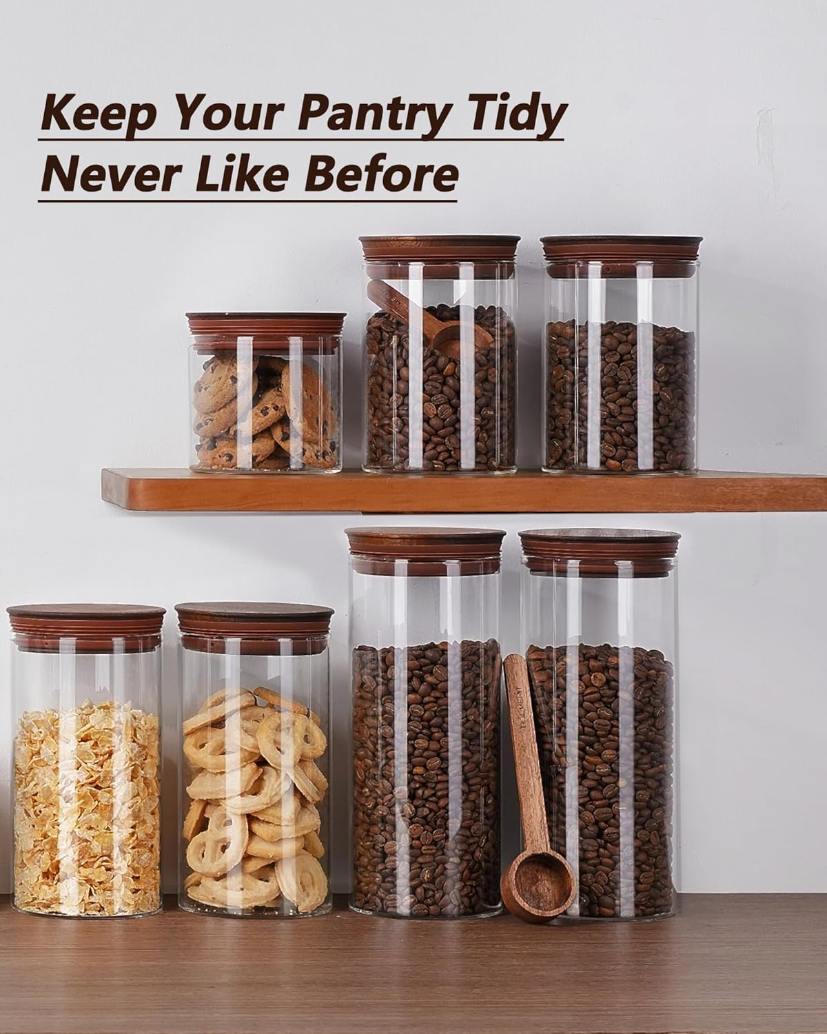 27oz Coffee Canister with Scoop and Wooden Lids, Airtight Coffee Grounds Container Set of 2 for Coffee Bar Organizer, Glass Jar for Coffee Beans Storage