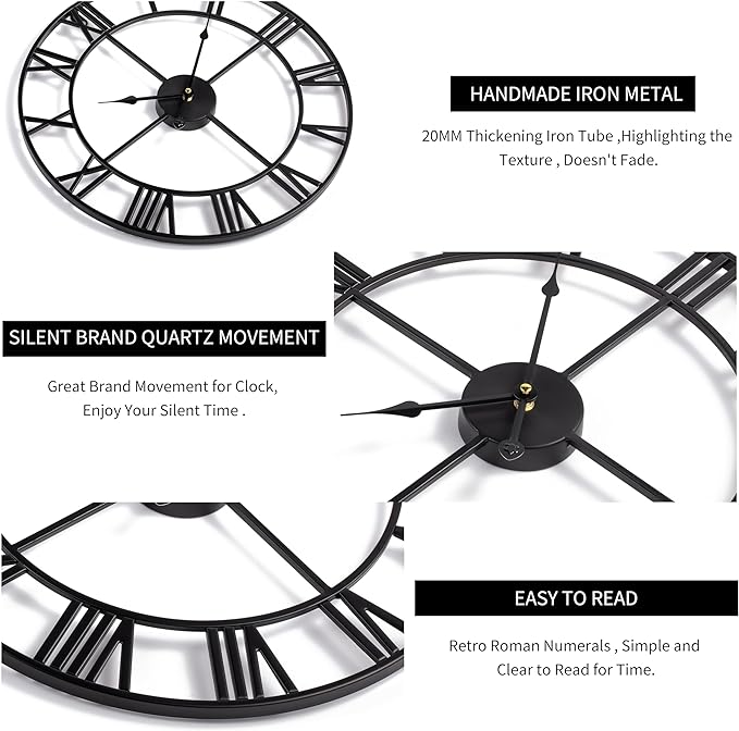 LEIKE Large Wall Clock, Non Ticking, Battery-Operated, Rustic Round Modern - Image 3