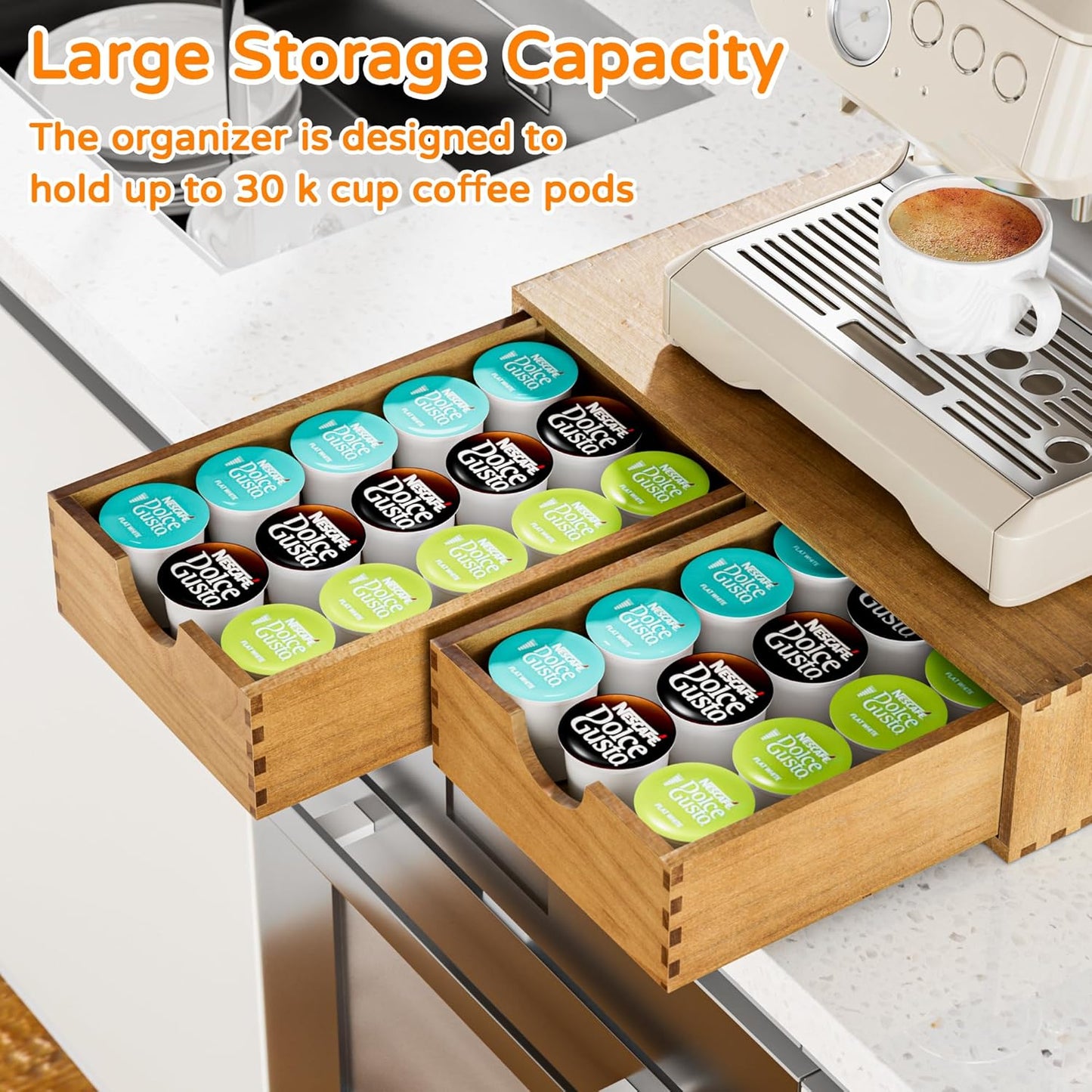 Pine Wood K Cup Organizer, Coffee Pod Storage Box for Counter, Coffee Pods and Tea Organizer Holder, K Pod Drawer Coffee Maker Machine Stand for Kitchen Office Coffee Bar (30 Pods Capacity, Walnut)