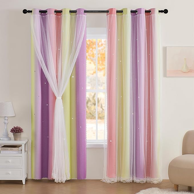 XiDi Curtains for Bedroom Decor, Rainbow Pink PurpleYellow34/96/1 by Addsomecolortolife