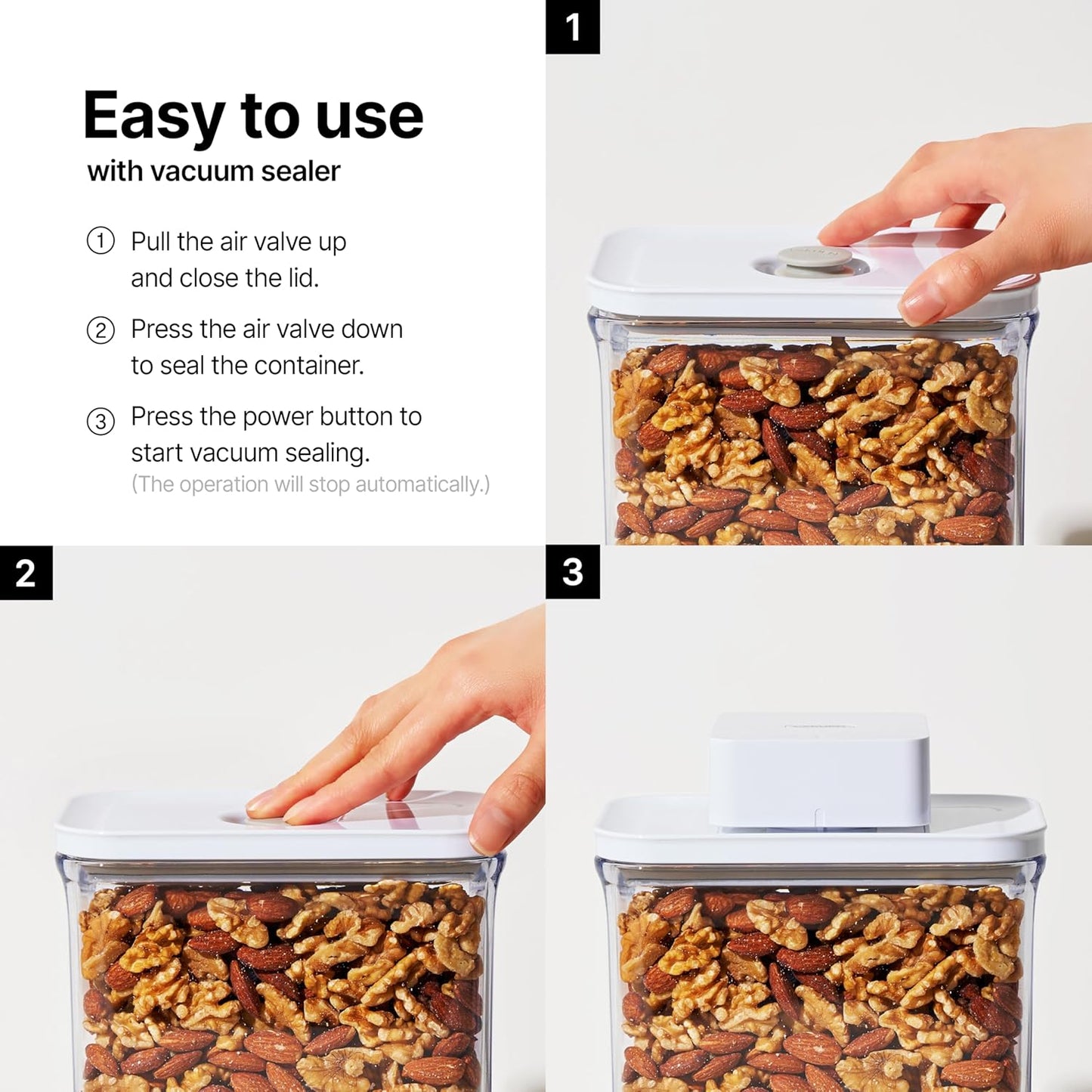 VAKUEN Premium Airtight Food Storage Container. Meal Prep 0.85qt 5pc/Set. 4pcs Container and Vacuum Sealer. Patented Double Silicone Lining, 100% Leak Proof, BPA-FREE