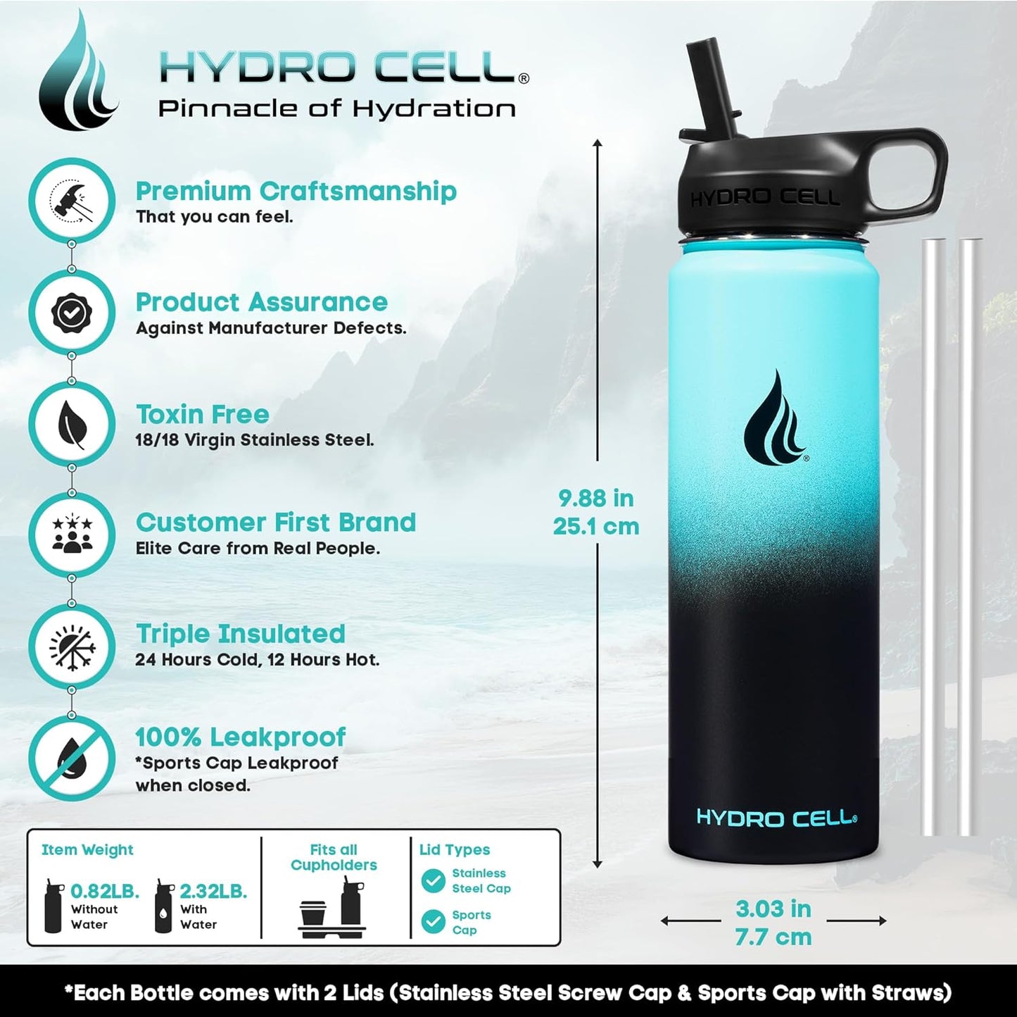 HYDRO CELL Stainless Steel Insulated Water Bottle with Straw - For Cold & Hot Drinks - Metal Vacuum Flask with Screw Cap and Modern Leakproof Sport Thermos for Adults (Teal/Black 24oz)