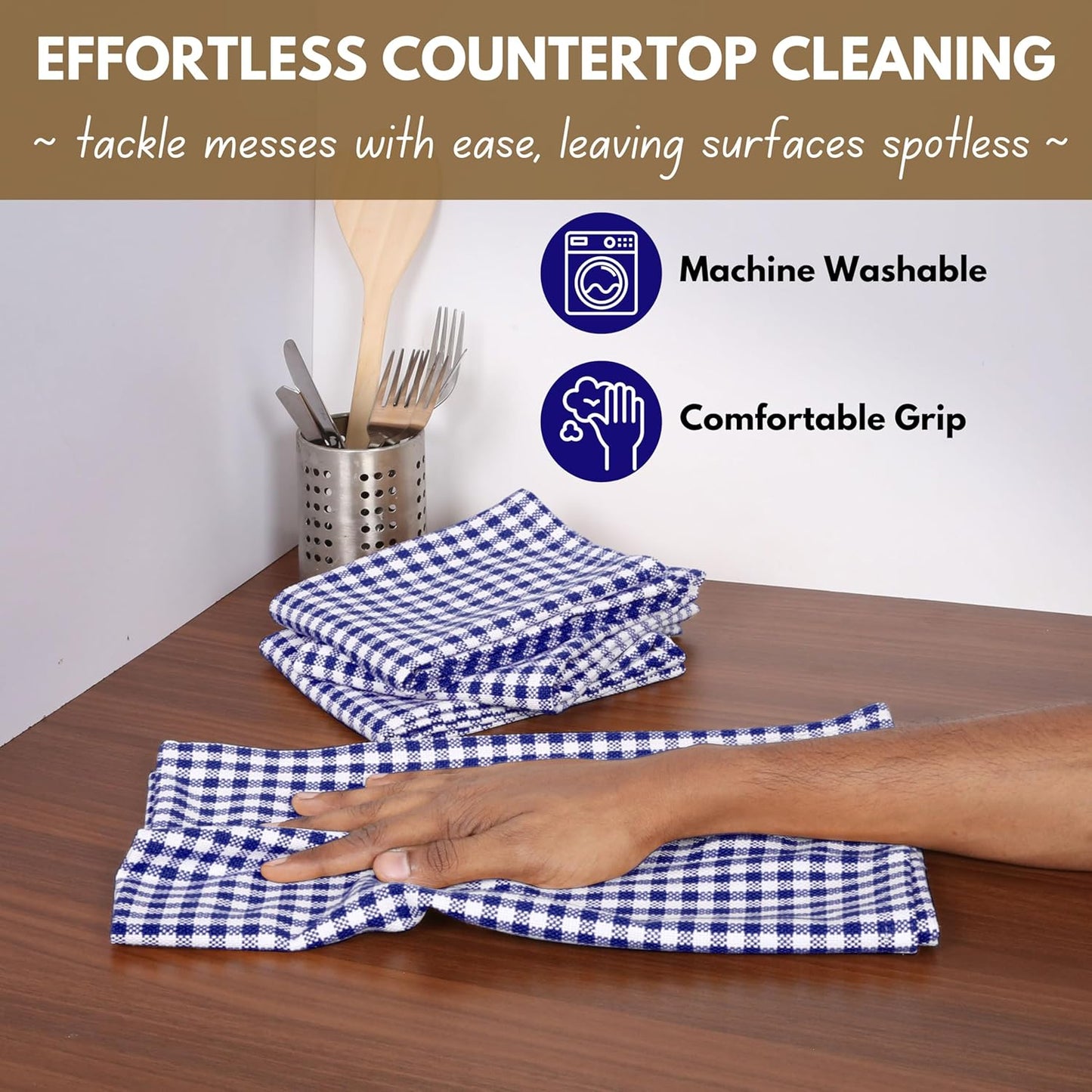 Native Fab 12 Pack Gingham Mini Check Kitchen Dish Towel Cotton Durable Washable 16"x26" - Tea Towels, Soft Absorbent Cleaning Towels, Hand Towel with Hanging Loop - Blue White