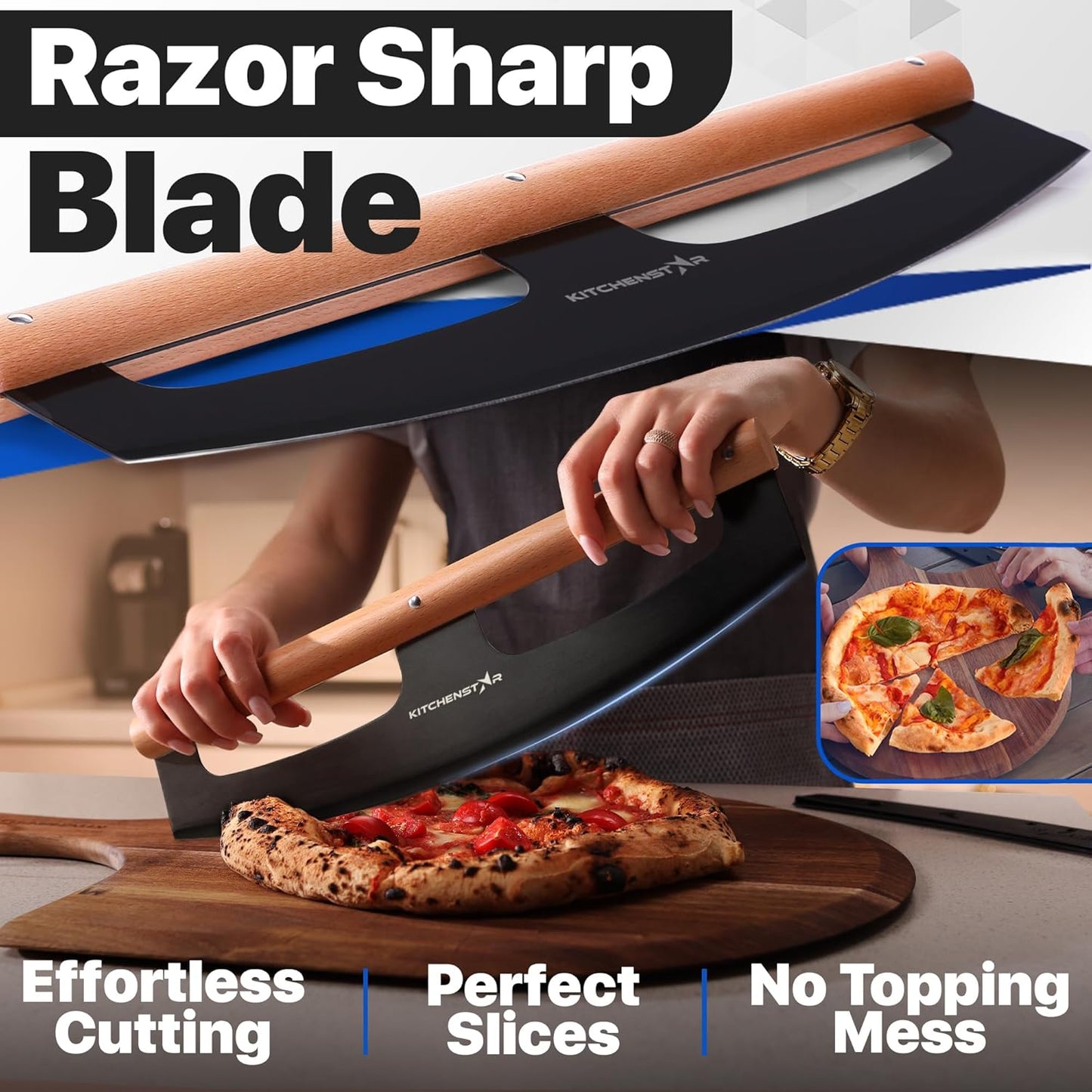 KitchenStar 14-Inch Pizza Cutter Rocker Blade - Razor Sharp Stainless Steel Slicer Knife, Stylish Beech Wood Handle, Protective Cover - Professional Pizza Oven Accessories, Black