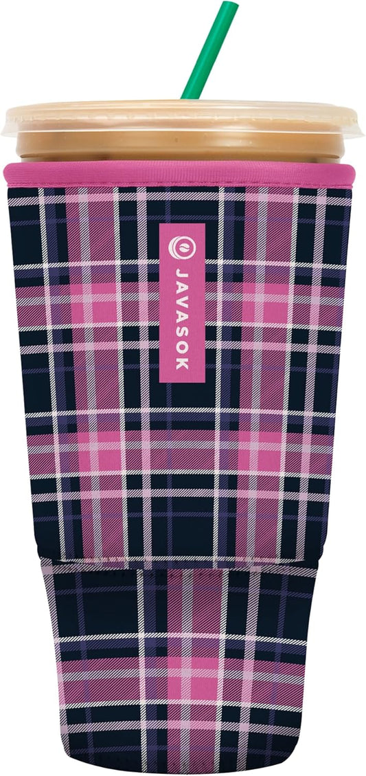 Sok It JavaSok Iced Coffee & Cold Soda Insulated Neoprene Cup Sleeve (Berry Plaid, XXLarge: 44-48oz)