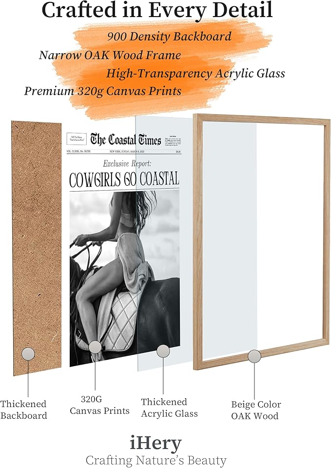 iHery Cowgirls Go Coastal Small Framed NewsPaper Canvas Wall Art, Natural OAK - Image 4