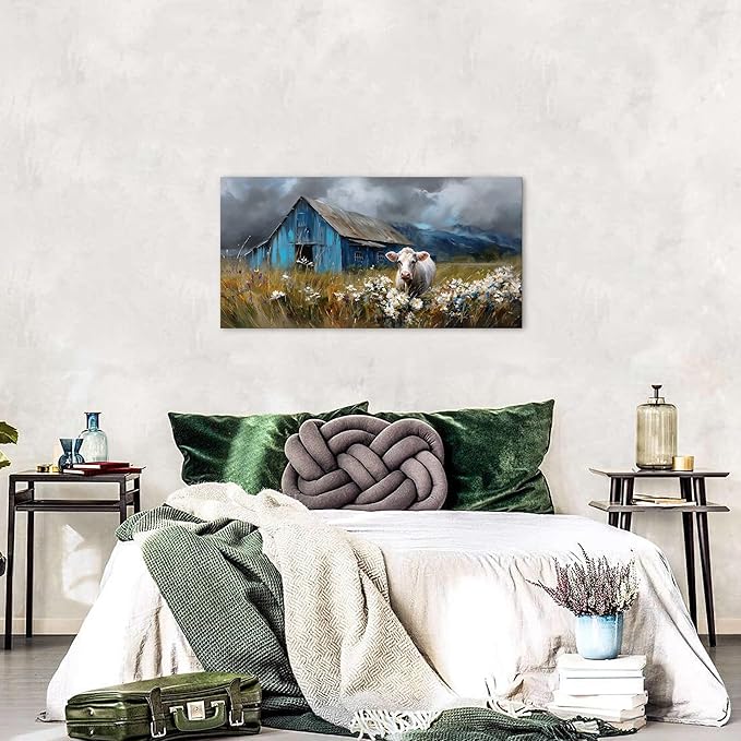 Farmhouse Barn Wall Art Cow Pictures Wall Decor Rustic Blue Barn Landscape - Image 6