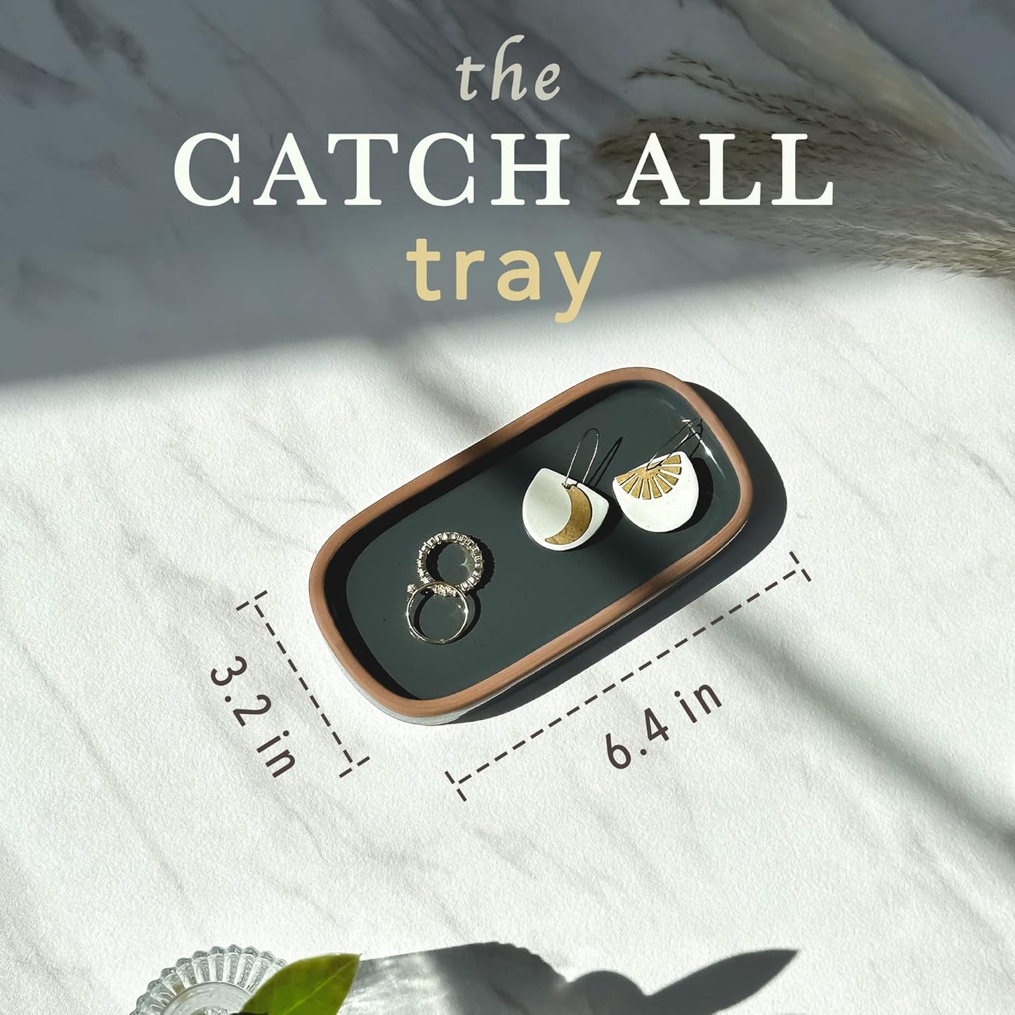 Mora Ceramic Decorative Tray - Rectangle 6.4in Dish for Jewelry, Perfume, Makeup, Accessories, Candle, in The Bathroom Vanity, Bedside, or Kitchen Counter. Cute Organizers - Black