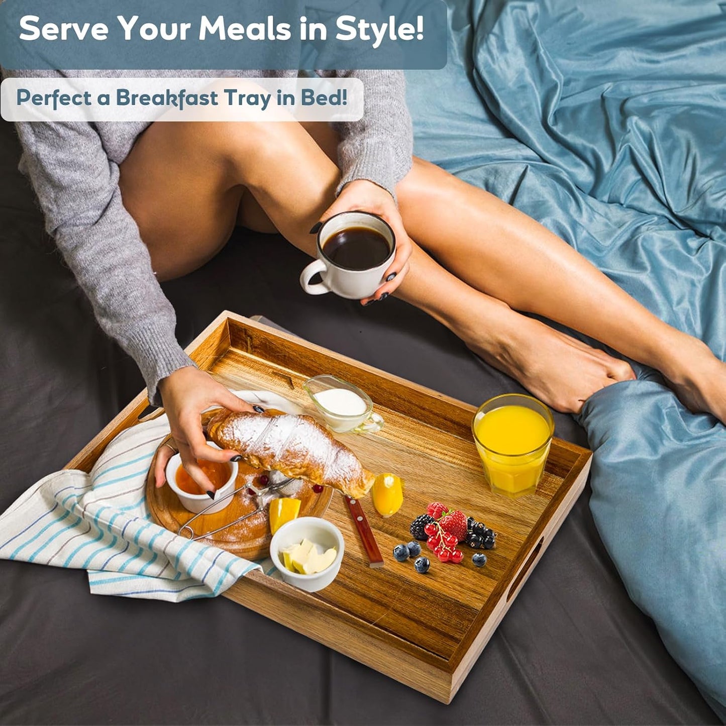 YOUEON 2 Pack Large Acacia Wood Serving Tray with Handles, 17x12 Inch Decorative Wood Trays for Serving Food, Party, Rectangle Ottoman Tray, Coffee Table Trays for Bed, Living Room, Kitchen