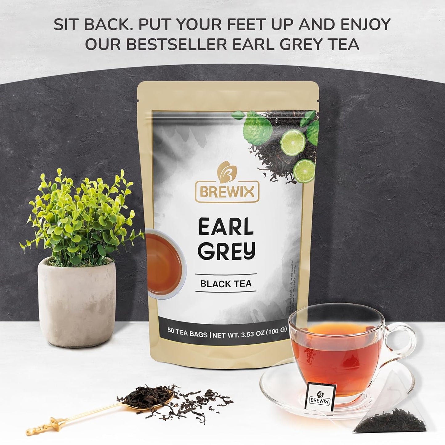 BREWIX, Earl Grey Black Tea Bags (50 Pyramid Bags) Bold & Aromatic Tea with Bergamot | Gluten Free, Energizing & Caffeinated | Sugar-Free, High Caffeine | Gourmet Tea
