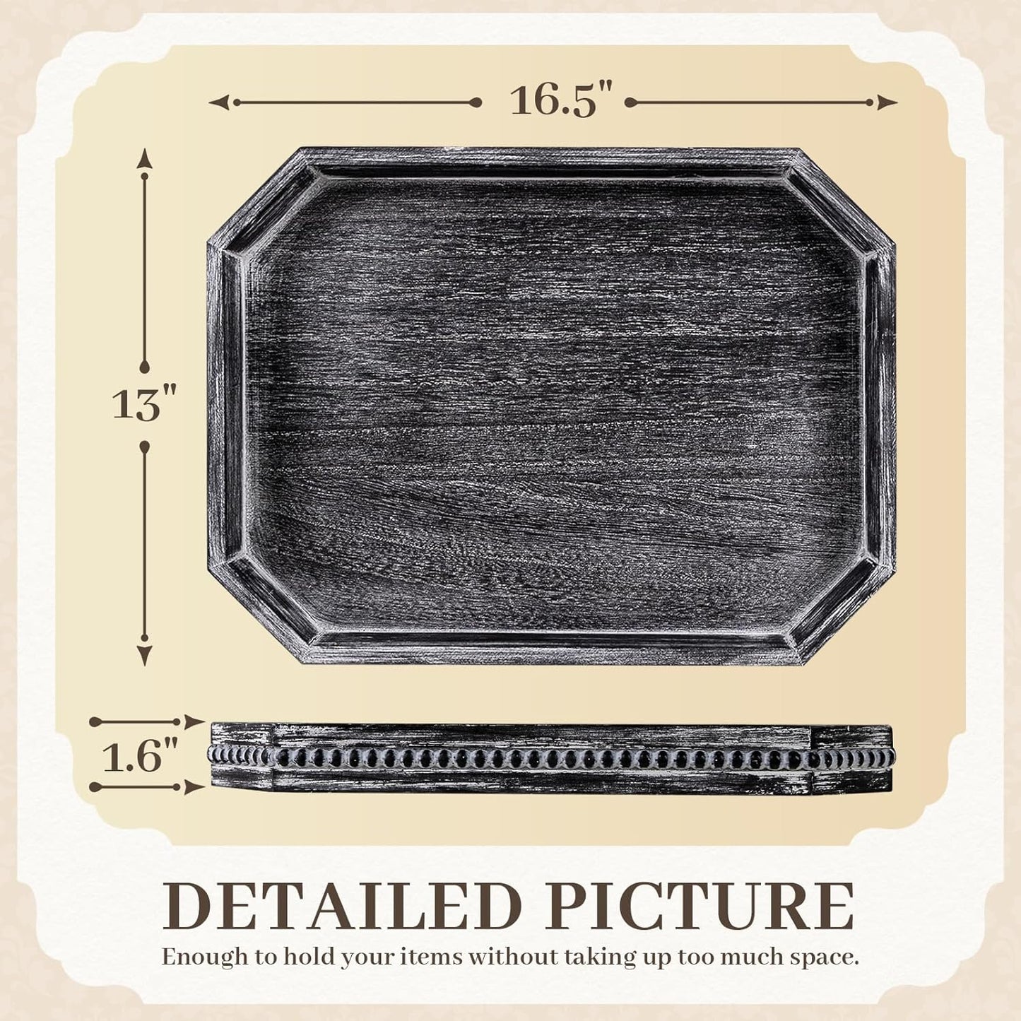 Decorative Coffee Table Serving Tray, Long Octagonal Black Wood Tray with Wooden Bead, Farmhouse Big for Ottoman Table, Countertop, Home Decor, 16.5"x13"x1.6" (Retro Black)