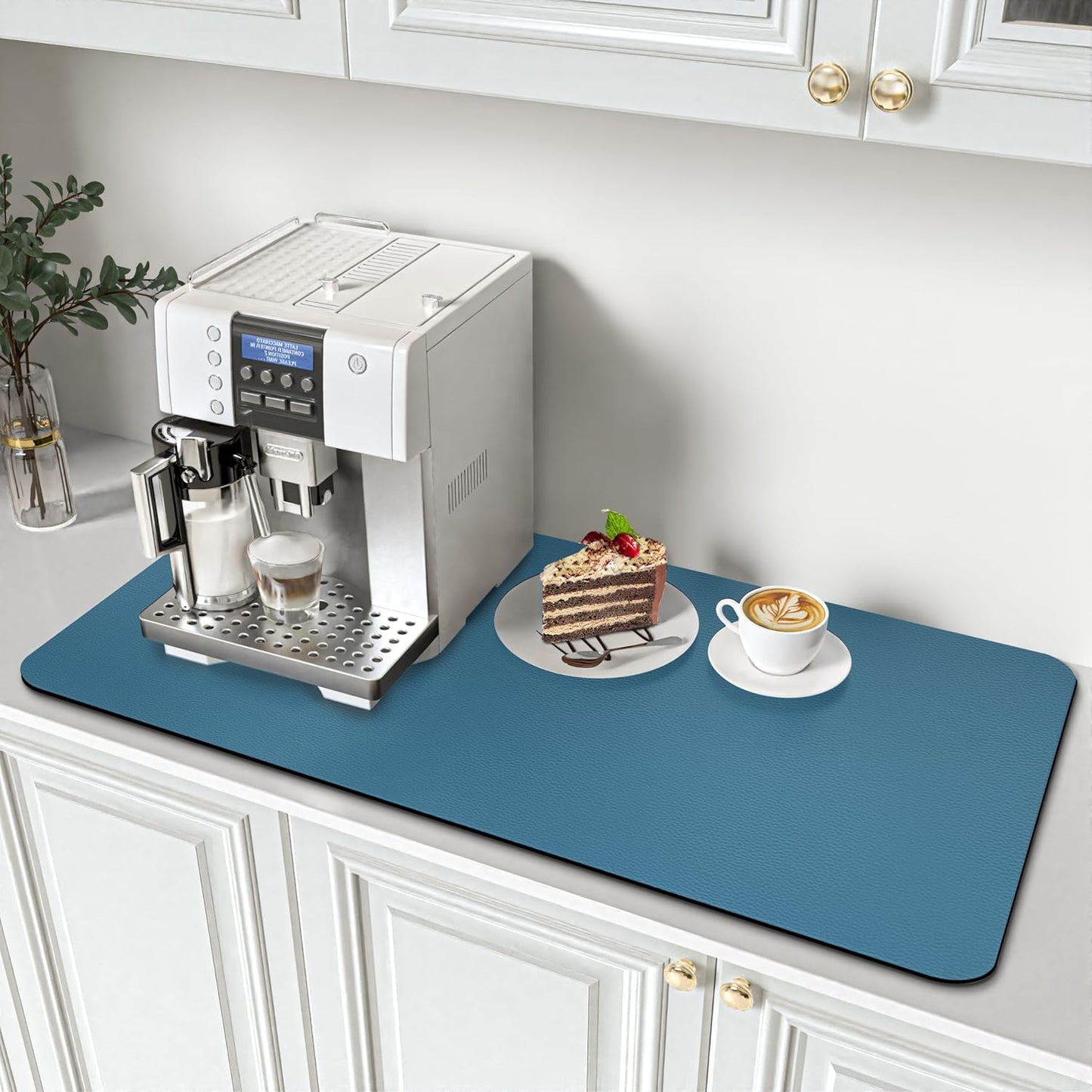 PoYang 31.5"x17" Coffee Mat X-Large, Coffee Bar Accessories for Countertop, Absorbent Dish Drying Mat, Anti-Slip and Hide Stain Pad for Espresso Machine, Espresso Maker and Kitchen Counter, Blue