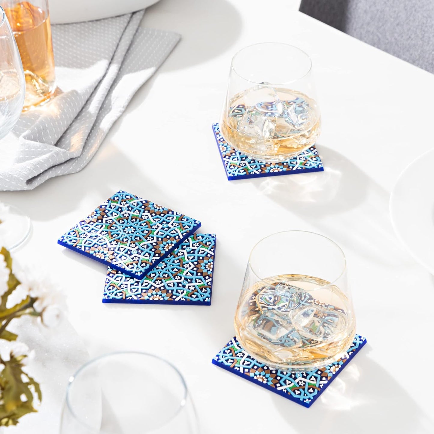 Blue Tile Colored Coasters Set of 4, Silicone, Protects Against Water Marks or Damage Fits All Cups, 3.5" Size