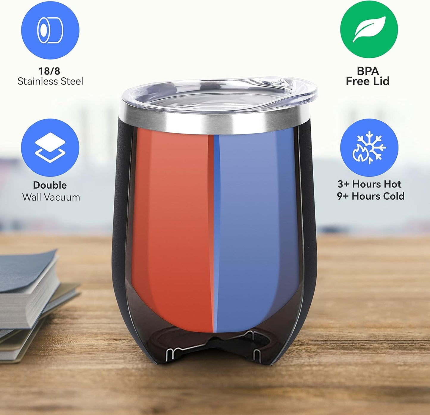 DOMICARE Stainless Steel Wine Tumbler Bulk with Lid, Personalized Insulated Tumblers Set, 12oz Travel Coffee Cups Pack of 4, Black