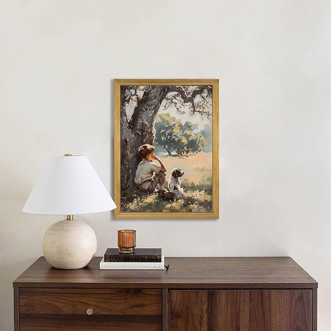 Wood Framed Canvas Wall Art, Vintage Boy and Dog Painting Poster, Countryside - Image 9