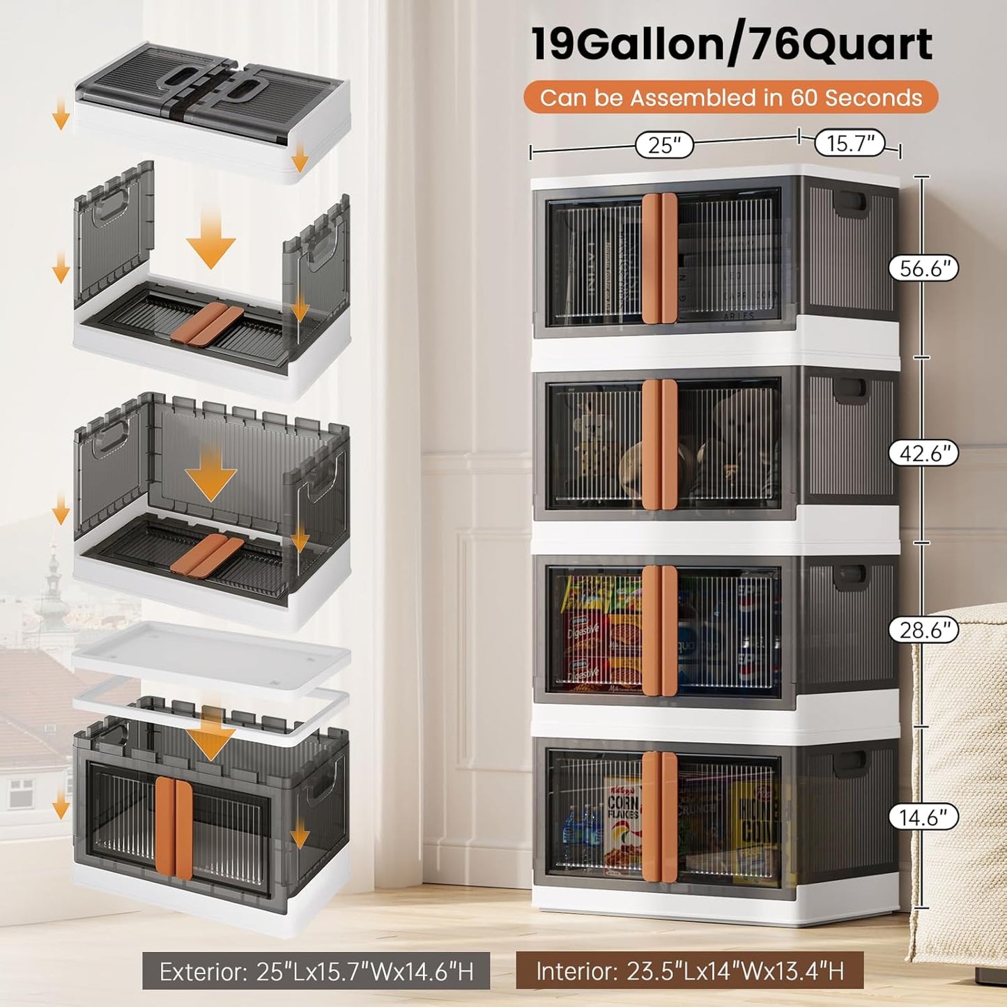 19Gal Collapsible Storage Bins with Lids & Wheels - 3 Pack Stackable with Doors, Heavy-Duty Plastic Containers for Home/Office, White