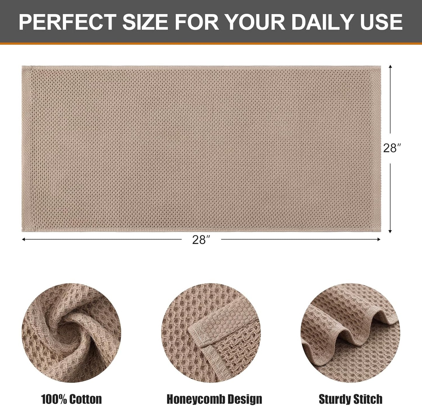 Kitinjoy 100% Cotton Waffle Weave Kitchen Towels, 8-Pack Super Soft and Absorbent Dish Towels for Drying Dishes, Kitchen Hand Towels, 13 in x 28 in, Tan