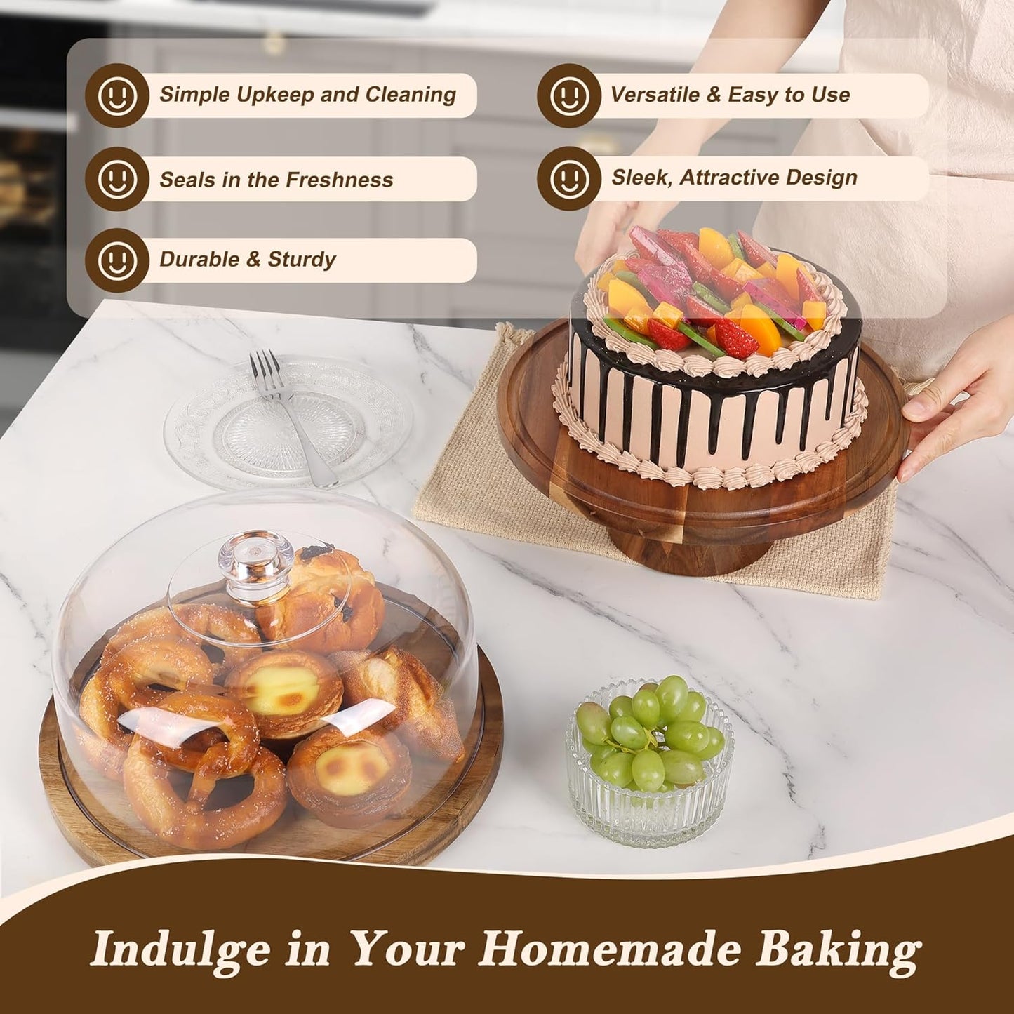 Bellsal Acacia Wood Cake Stand with Clear Acrylic Lid Dome Cover, 12in Cake Plate with Dome, Cake Display Stand with Cover, Cake Holder for Baking Gifts, Birthday Kitchen Party, Wedding