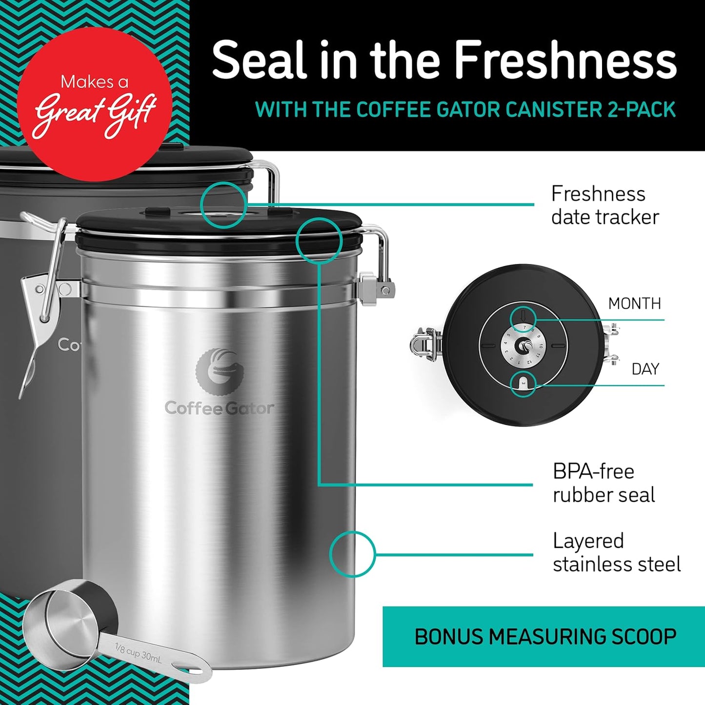 Coffee Gator Coffee Canister, 2pack 22oz Airtight Stainless Steel Kitchen Food Storage Container with Date Tracker, Scoop for Sugar, Grounds, Beans,Tea, Cereal, Flour, Cookies Jars - Gray&Silver