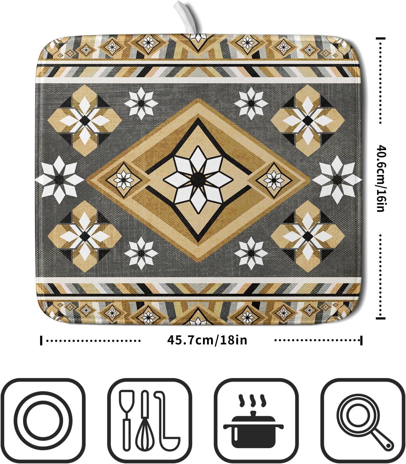 Boho Yellow Gray Aztec Dish Drying Mat for Kitchen Counter,Native American Tribal Aztec Ethnic Boho Style Drying Mat 16 x 18 Inch Microfiber Dish Drying Pad Dish Rack Pad Drainer Mat for Coffee Bar
