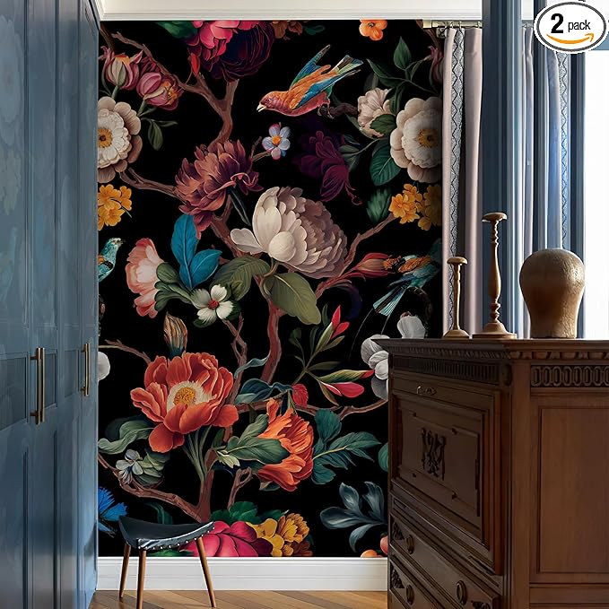 Zeeko Floral Wallpaper Black Peel and Stick Wall Mural Canvas Fabric Vintage by Zeeko