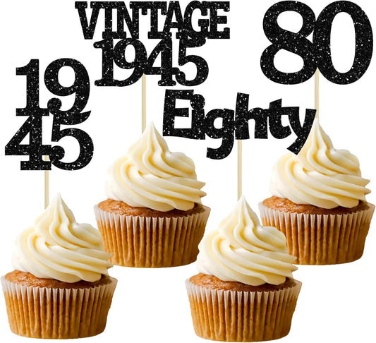 Gyufise 24Pcs Vintage 1945 Cupcake Toppers Glitter Cheers to 80 Fabulous Eighty Cupcake Picks 80th Birthday Wedding Anniversary Party Cake Decorations Supplies Black