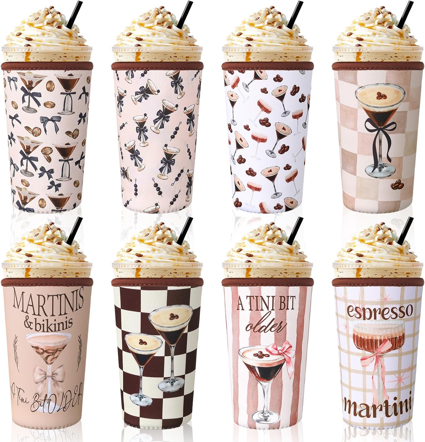 8 Pcs Reusable Sleeves for Iced Coffee Cup Pink Bow Cup Coolie Espresso Martini Reusable Coffee Insulator Sleeves Neoprene Insulated Holder for Iced & Hot Drinks, 22-24 oz