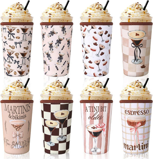 8 Pcs Reusable Sleeves for Iced Coffee Cup Pink Bow Cup Coolie Espresso Martini Reusable Coffee Insulator Sleeves Neoprene Insulated Holder for Iced & Hot Drinks, 22-24 oz