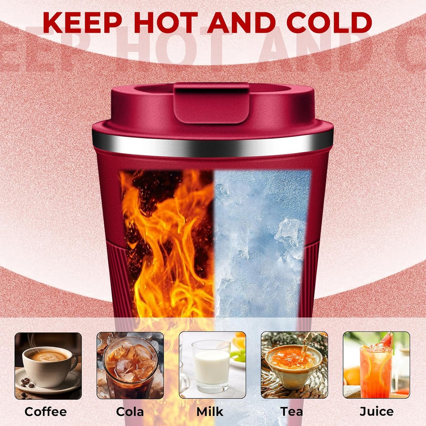Insulated Coffee Tumbler 12 oz, Stainless Steel Coffee Mug with Lids, Travel Coffee Mug Leak Proof, Double Wall Vacuum Insulated Reusable Coffee Cup, Keep Drinks Hot and Cold (Red, 12 Ounces)