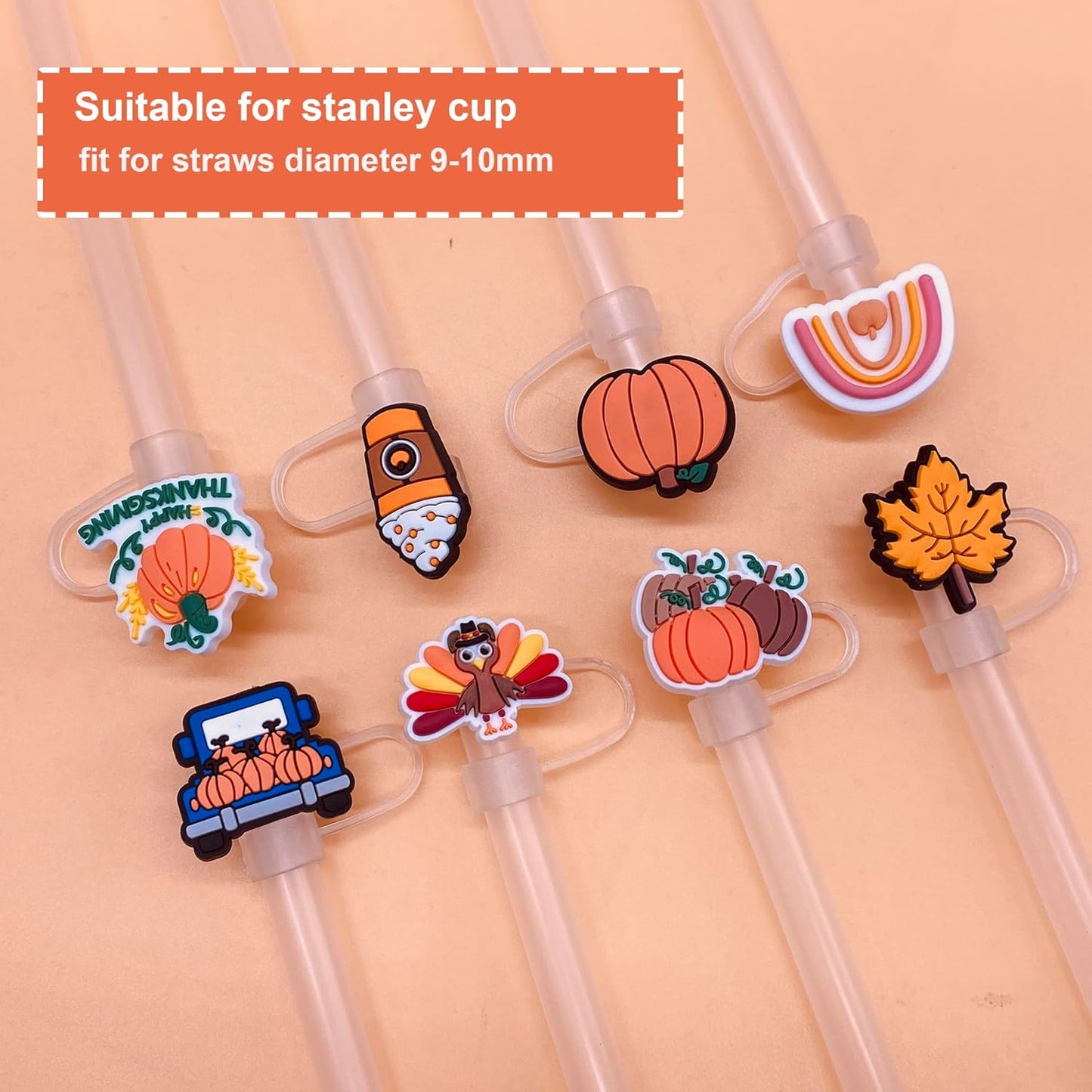 9pcs Fall Toppers for Stanley Cup - Thanksgiving Autumn Straw Covers 10mm Drinking Tip Covers for Stanley Cup Accessories