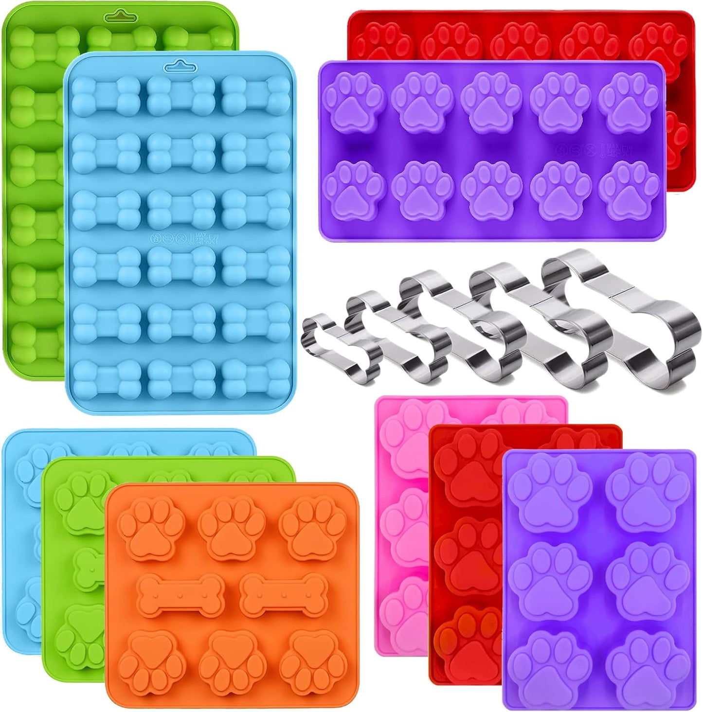 Set of 15 Non-Stick Silicone Dog Treat Molds - Paw and Bone Shapes, Ideal for Frozen Treats, Baking Jelly, Candy, Chocolate, Dog Snack Biscuits