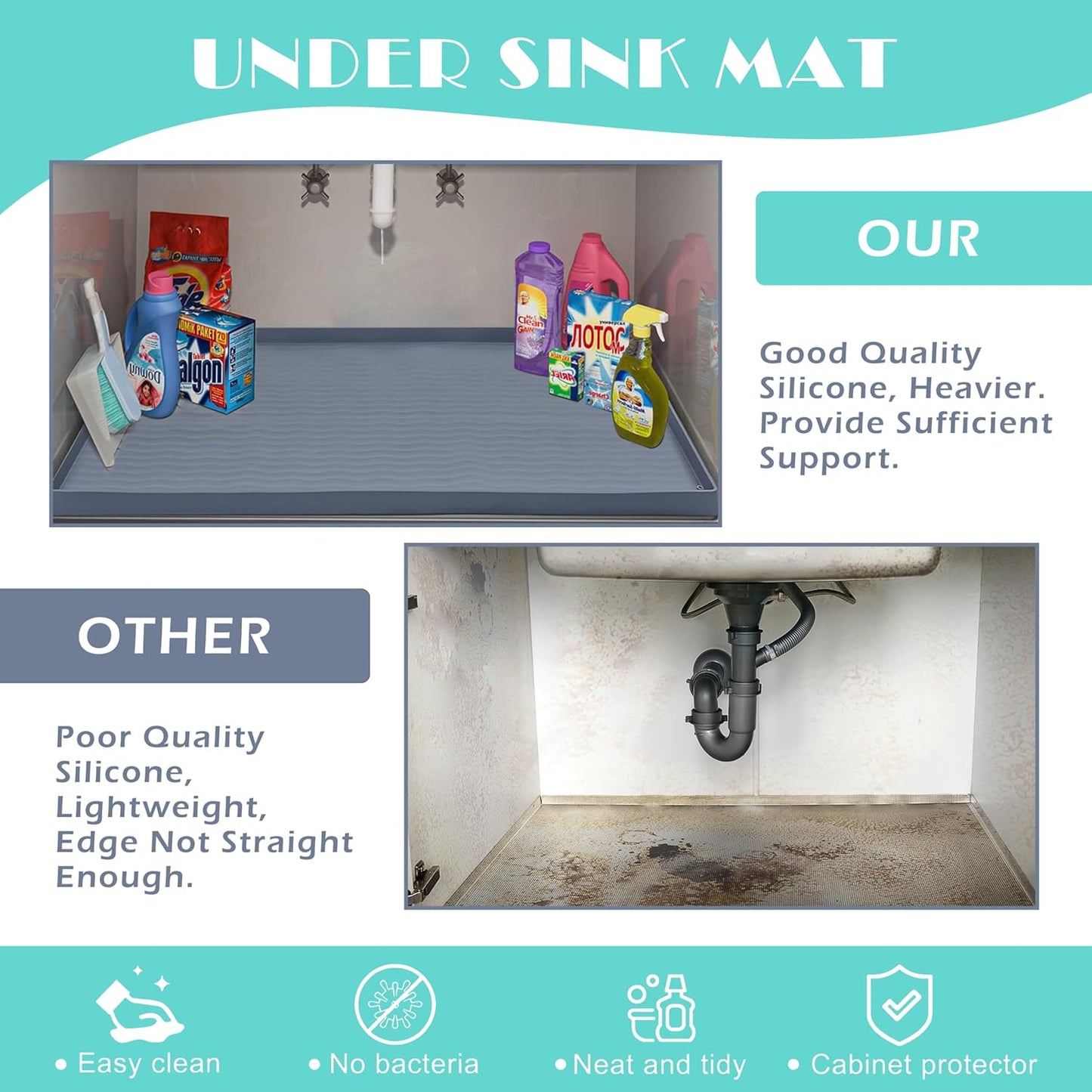 URMONA Waterproof Silicone Under Sink Mat 22'' x 19'' Shelf Liner for Kitchen and Bathroom, Cabinet and Counter Protector, Storage and Organizers, Litter Mat, Pet Cat Puppy Essentials(Dark Grey)