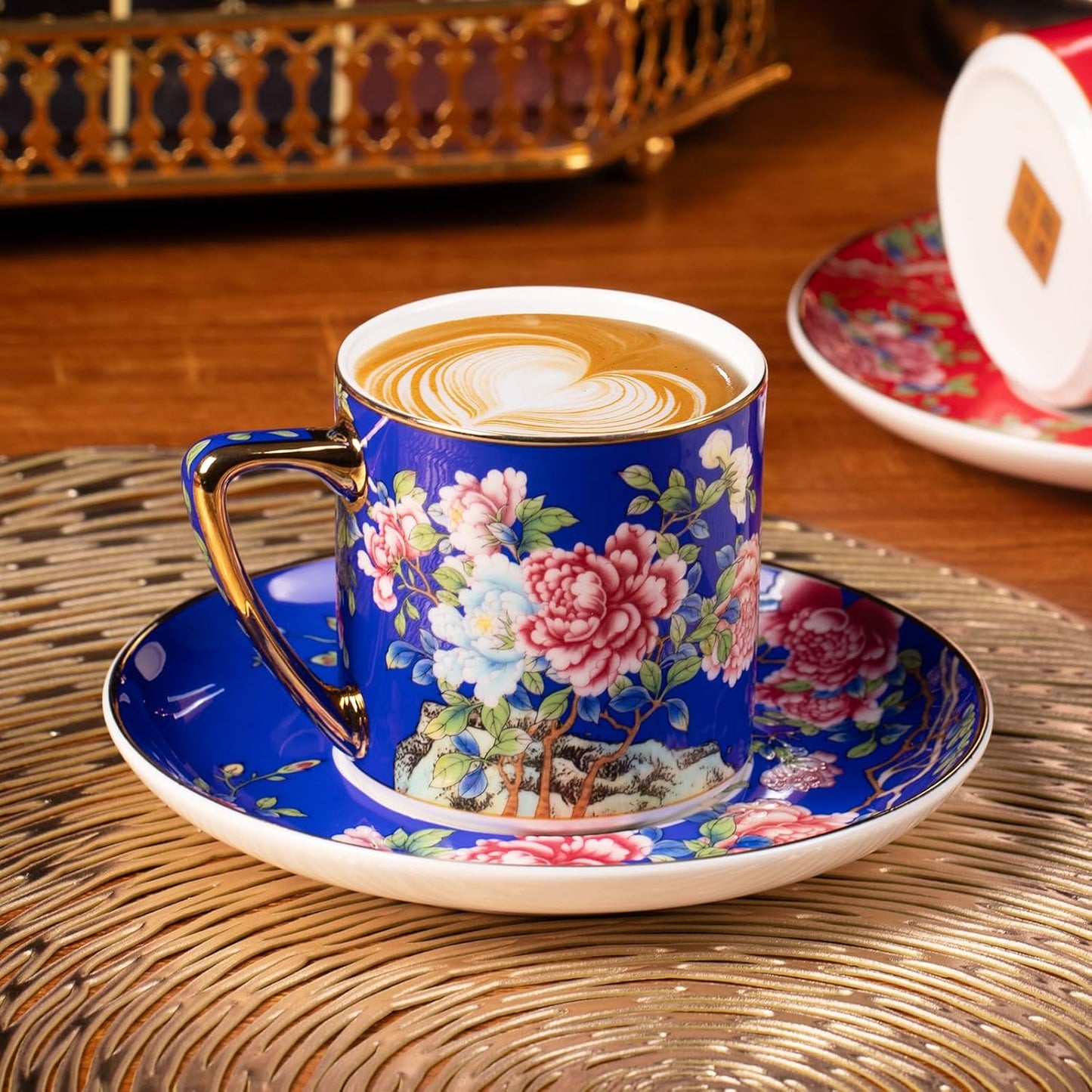 KAMMAK Tea Cups and Saucers Set of 2, Porcelain Coffee Cups with Saucer for Espresso, Cappuccino, 7.5oz Vintage Red and Blue Ceramic Demitasse Mug for Home, Tea Party, Office