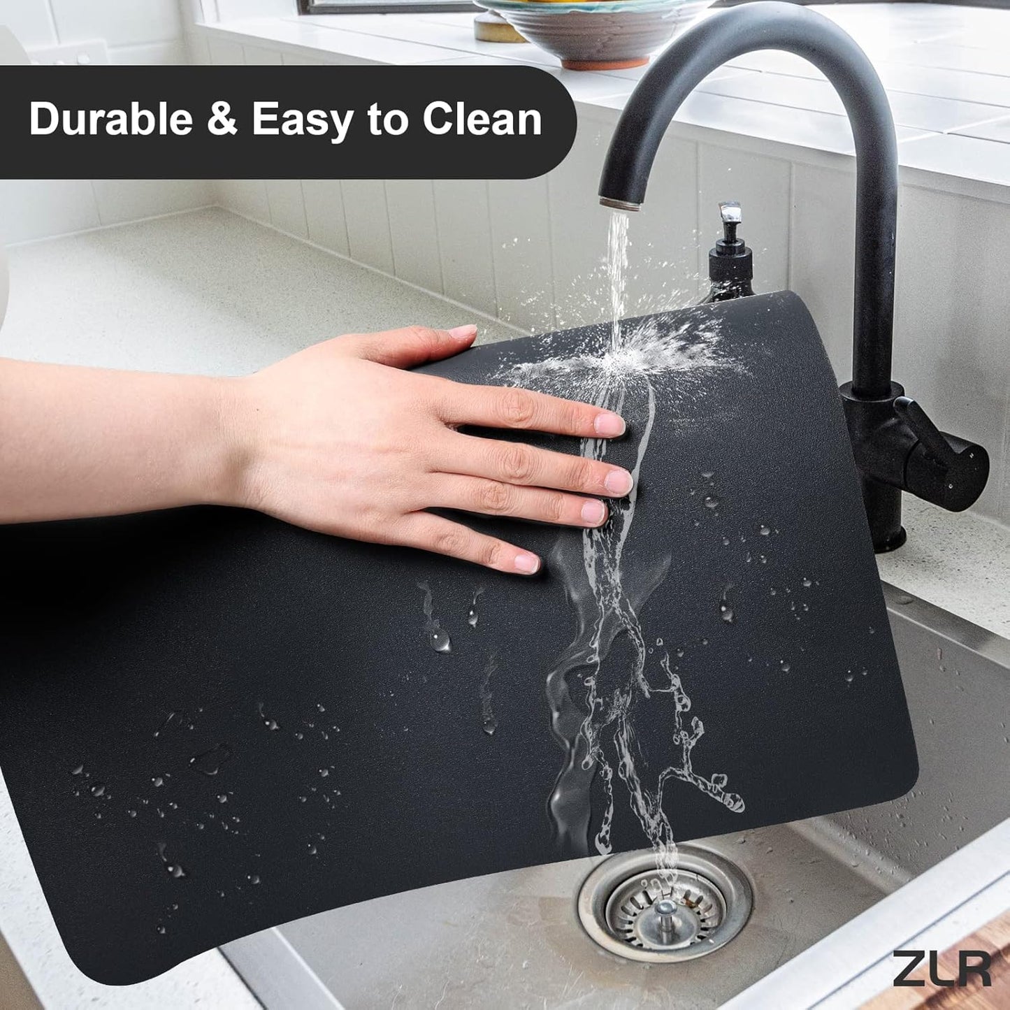 ZLR Coffee Mat - 12" x 20" Middle Kitchen Hide Stain Absorbent Dish Drying Mat for Countertop - Easy to Clean Coffee Bar Mat for Espresso Machine and Spill Protection - Black