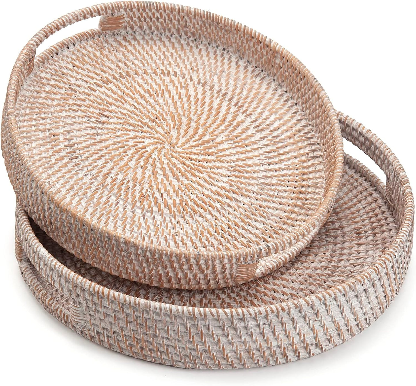 Coffee Table Tray Round Rattan Ottoman Tray Woven Serving Trays with Handles for Home and Kitchen Decorative White (Large 14 inch x 2.8 inch)