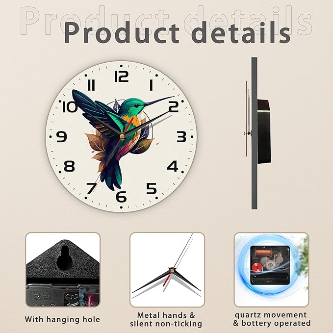 Flaying Hummingbird Bird Wall Clock Silent Non-Ticking Battery Operated Clock - Image 3