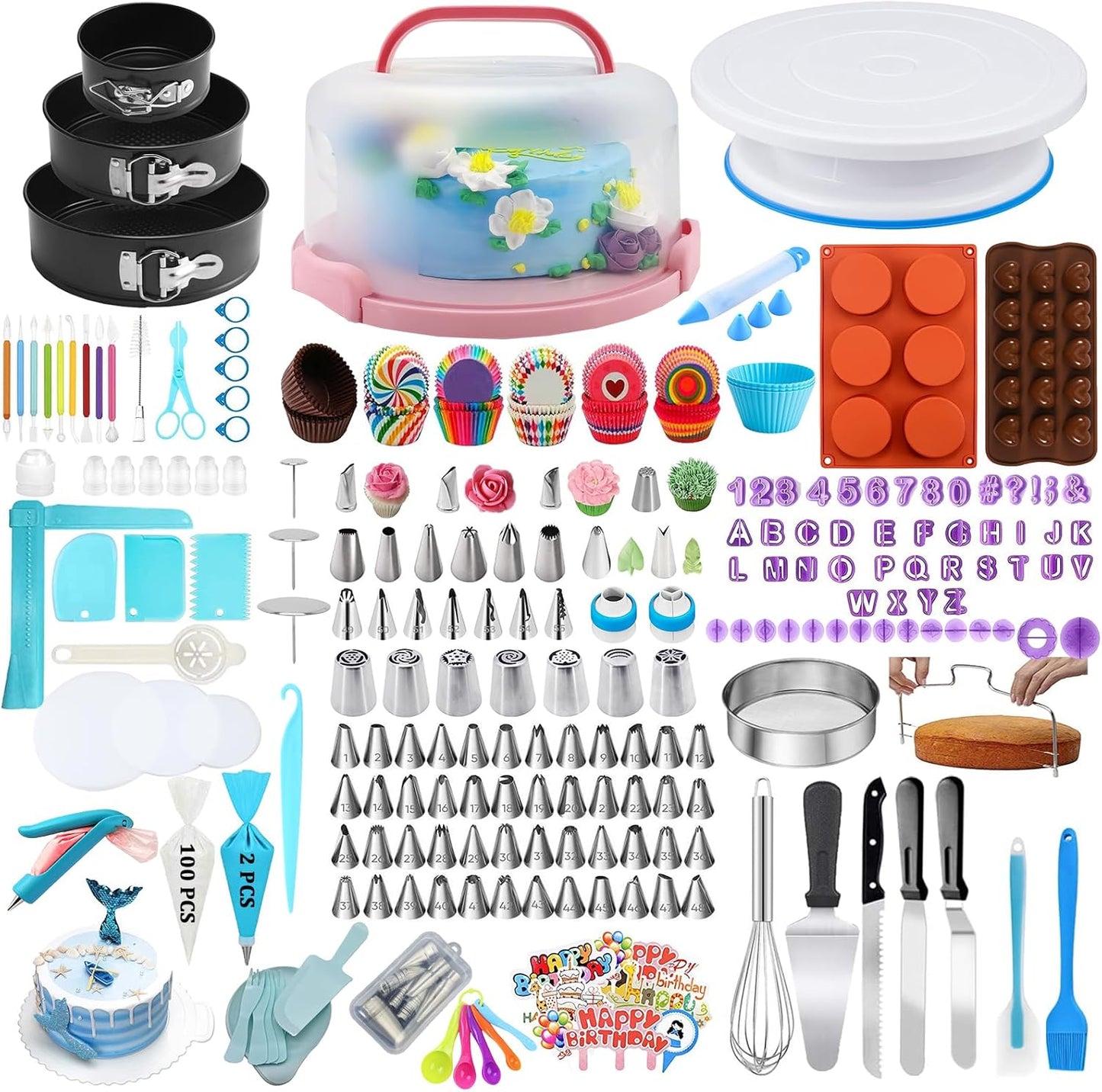 Cake Decorating Kit, 678pcs Cake Decorating Supplies Kit with Cake &Cupcake Carrier,Cake Stand Turntable,Piping Bags and Russian & Rose Icing Piping Tips set,Springform Pans,Cake Baking Supplies Kit