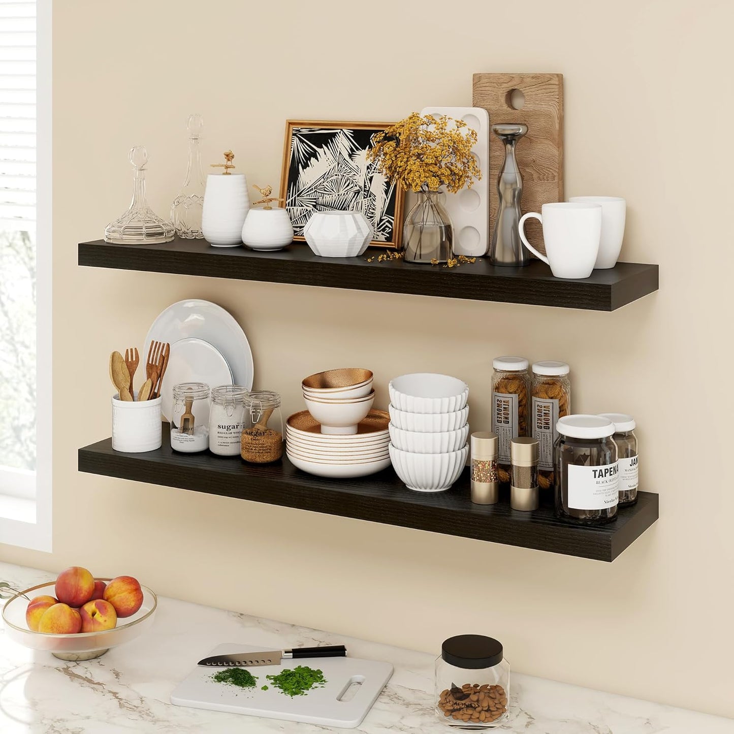 40 Inch Floating Shelves, 9.3" Deep Floating Shelf Wall Mounted, 40" Wall Shelves, Rustic Deep Bookshelf, Large Display Shelves & Storage Shelves for Bedroom, Living Room, Black, Set of 2