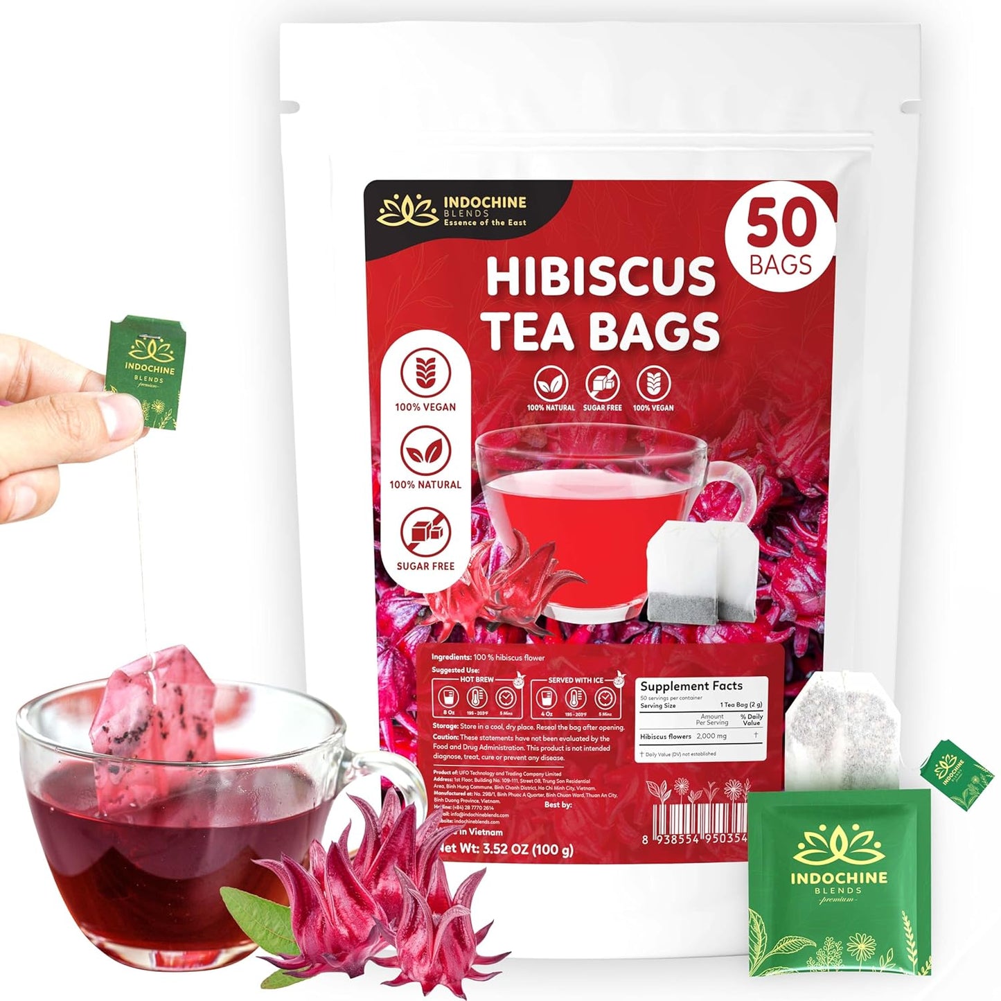 Indochine Blends Hibiscus Tea Bags | 100% Pure Hibiscus Flower | Sugar-Free, Caffeine-Free Herbal Tea | Double Chamber, Individually Wrapped Tea Bags| Rich in Natural Goodness and Flavor | 3.5 oz | 50 Tea Bags