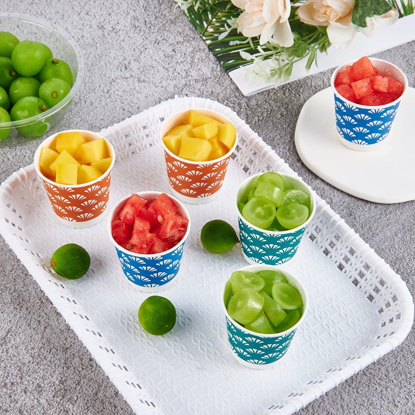 JollyPack 300 Pack 3 oz Disposable Bathroom Paper Cups, Small Mouthwash Cups in Orange, Blue, and Green, Great for Candy, Biscuits, Bathroom Use, Parties, Picnics, and Travel