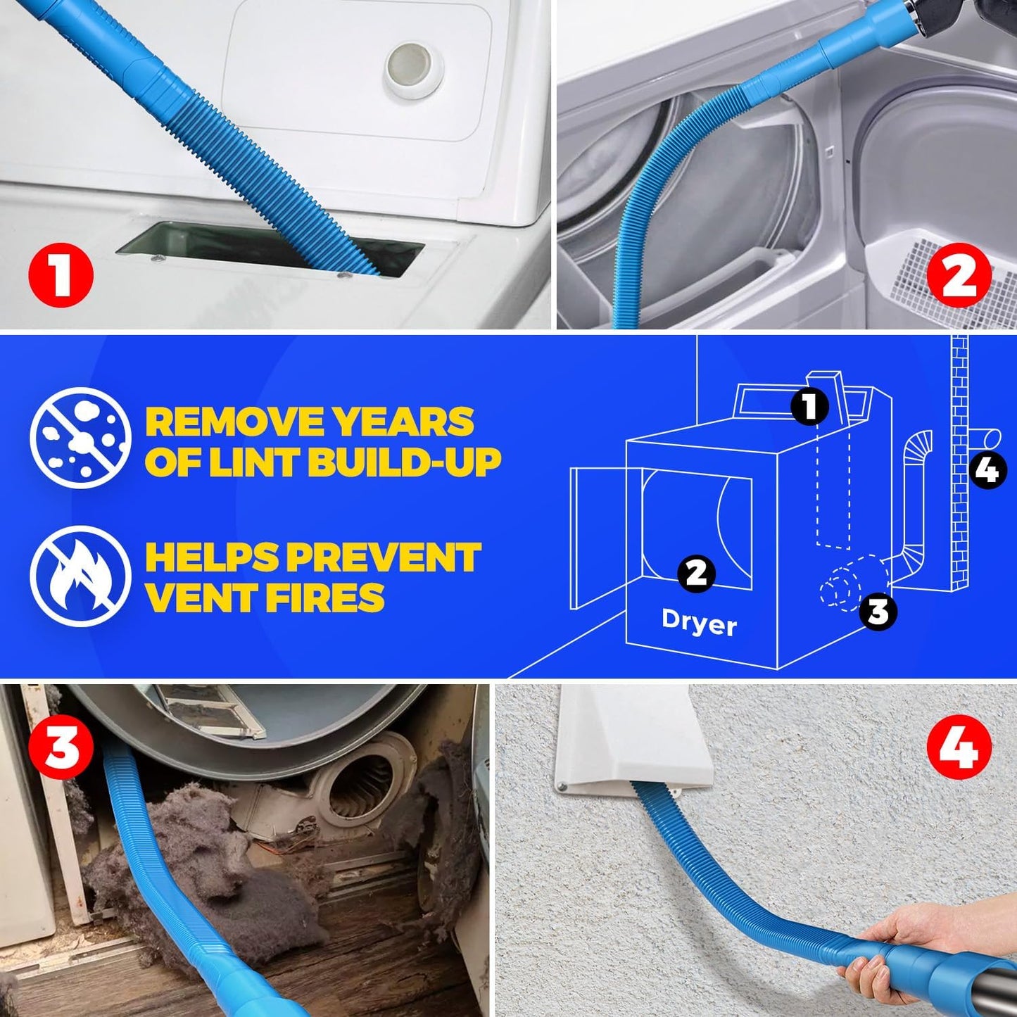 Holikme Dryer Vent Cleaner Kit Dryer Cleaning Tool Include Dryer Vent Brush, Omnidirectional Blue Dryer Lint Vacuum Attachment Dryer Lint Trap Brush, Vacuum & Dryer Adapters