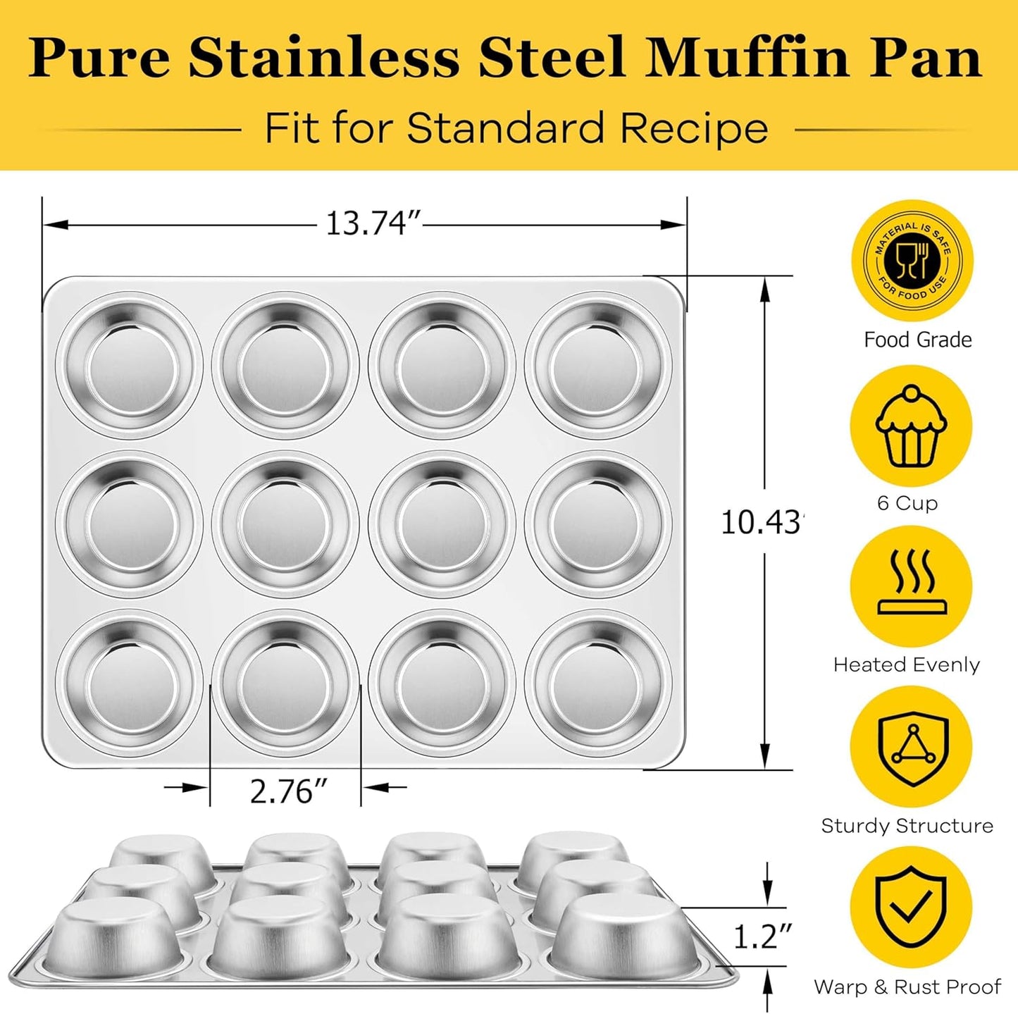 Homikit 2 Pack Muffin Pan, Stainless Steel Cupcake Tin with 12 Cups Regular Size, 13.8" x 10.4" Nonstick Metal Egg Bites Tray for Oven Baking, Non Toxic & Rust Free, Easy Release & Dishwasher Safe