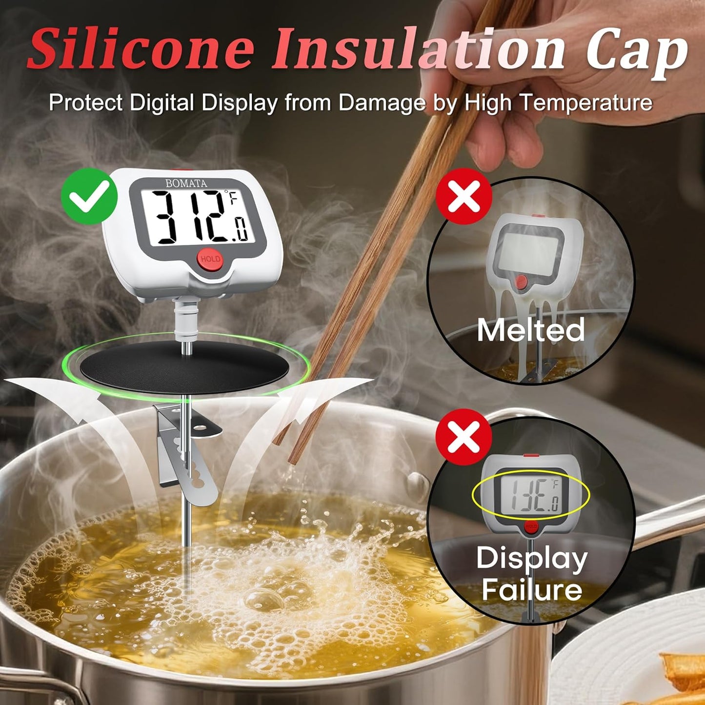 BOMATA Digital Candy Thermometer with Pot Clip, Deep Fry Oil Thermometer with Rotatable Display & Long Probe, for Candy Candle Making, Cooking, Food, Liquids, Water, Sugar.. White