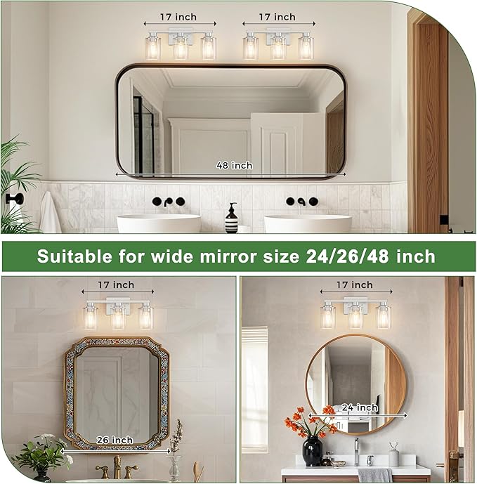 DORESshop 17 Inch Bathroom Light Fixtures, 3-Light Chrome Bathroom Lighting - Image 2