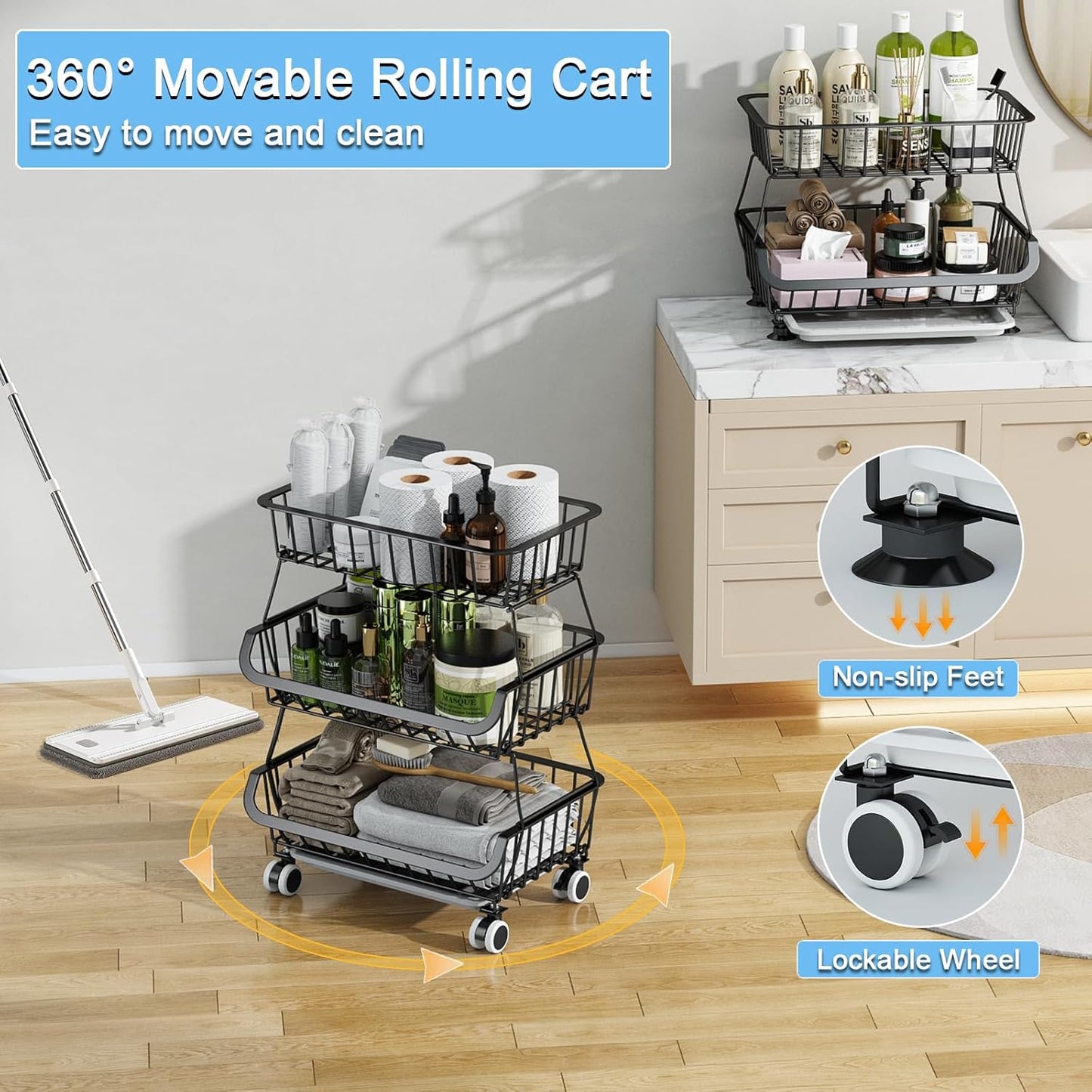 3-Tier Rolling Pantry Floor Organizer, Stackable Pantry Storage Cart with Wheels, Metal Wire Pantry Baskets, Kitchen Fruit Basket Stand, Vegetable Storage Rack for Fruits Snacks Onions Potatoes