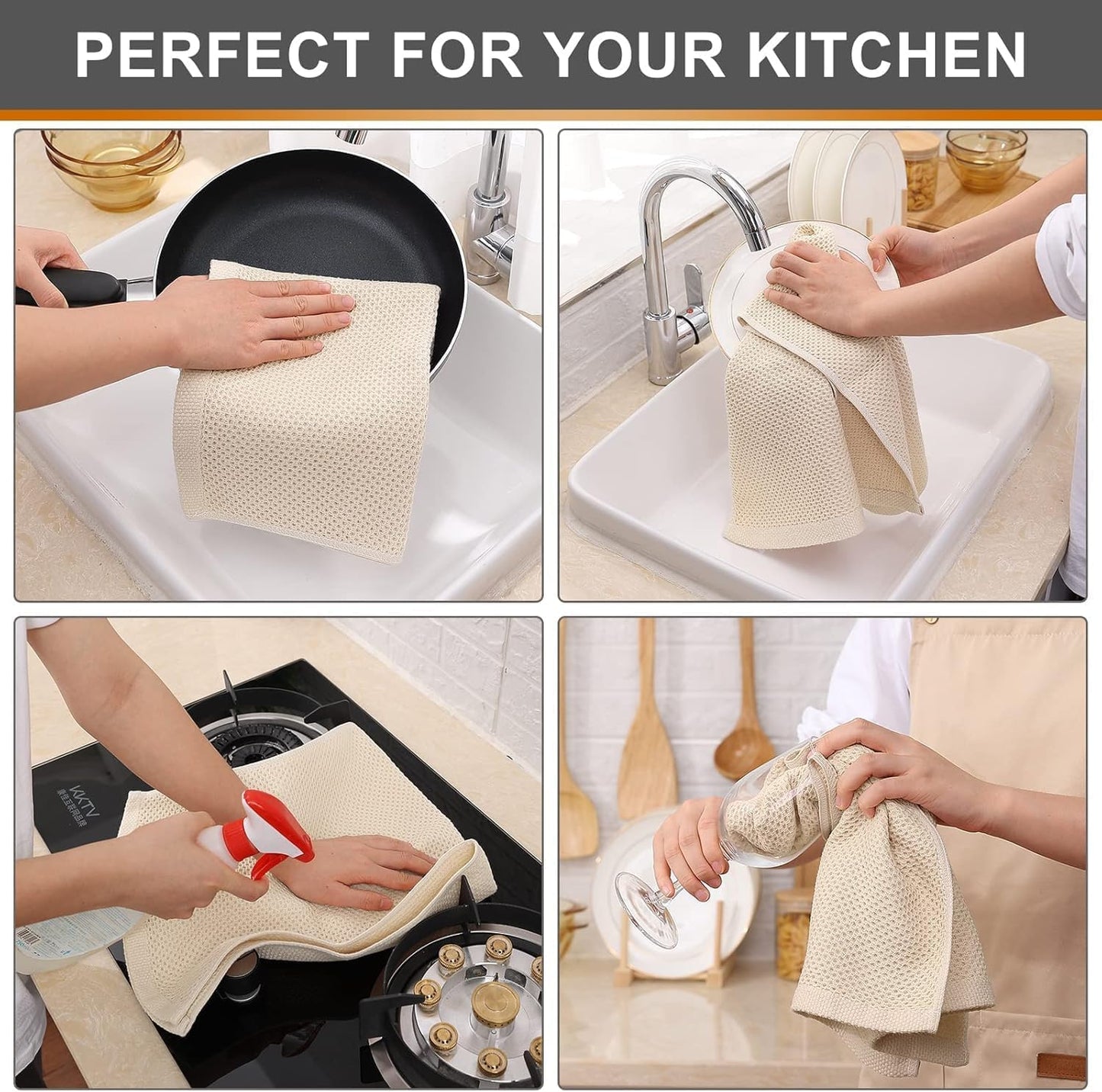 Kitinjoy 100% Cotton Waffle Weave Kitchen Towels, 12-Pack Super Soft and Absorbent Dish Towels for Drying Dishes, Kitchen Hand Towels, 13 in x 28 in, Beige