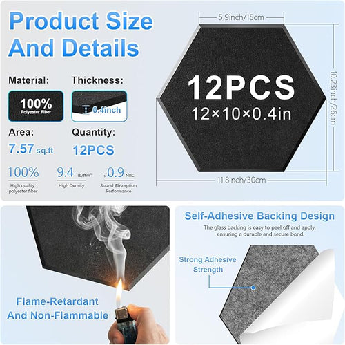 12 Pack Hexagon Acoustic Panels, Self-Adhesive Sound Deadening Panels, Sound - Image 2