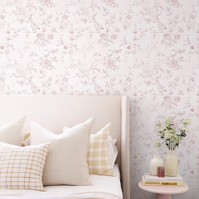 Ismoon Floral Wallpaper Peel and Stick Pink Stick on Wall Paper Vintage French - Image 2